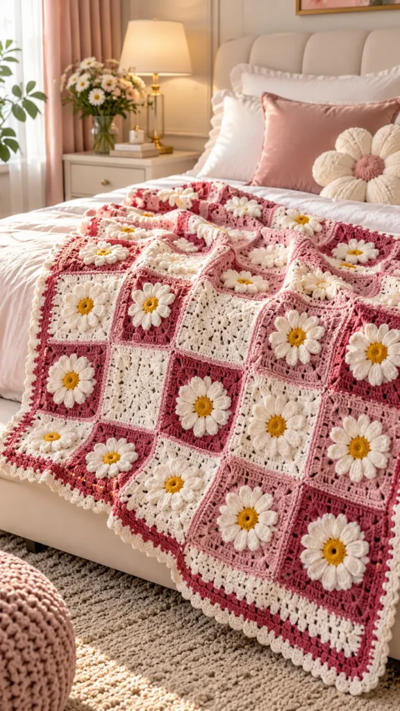 Crochet Daisy Granny Square Blanket