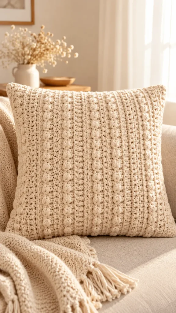 crochet Beige Pillow Cover